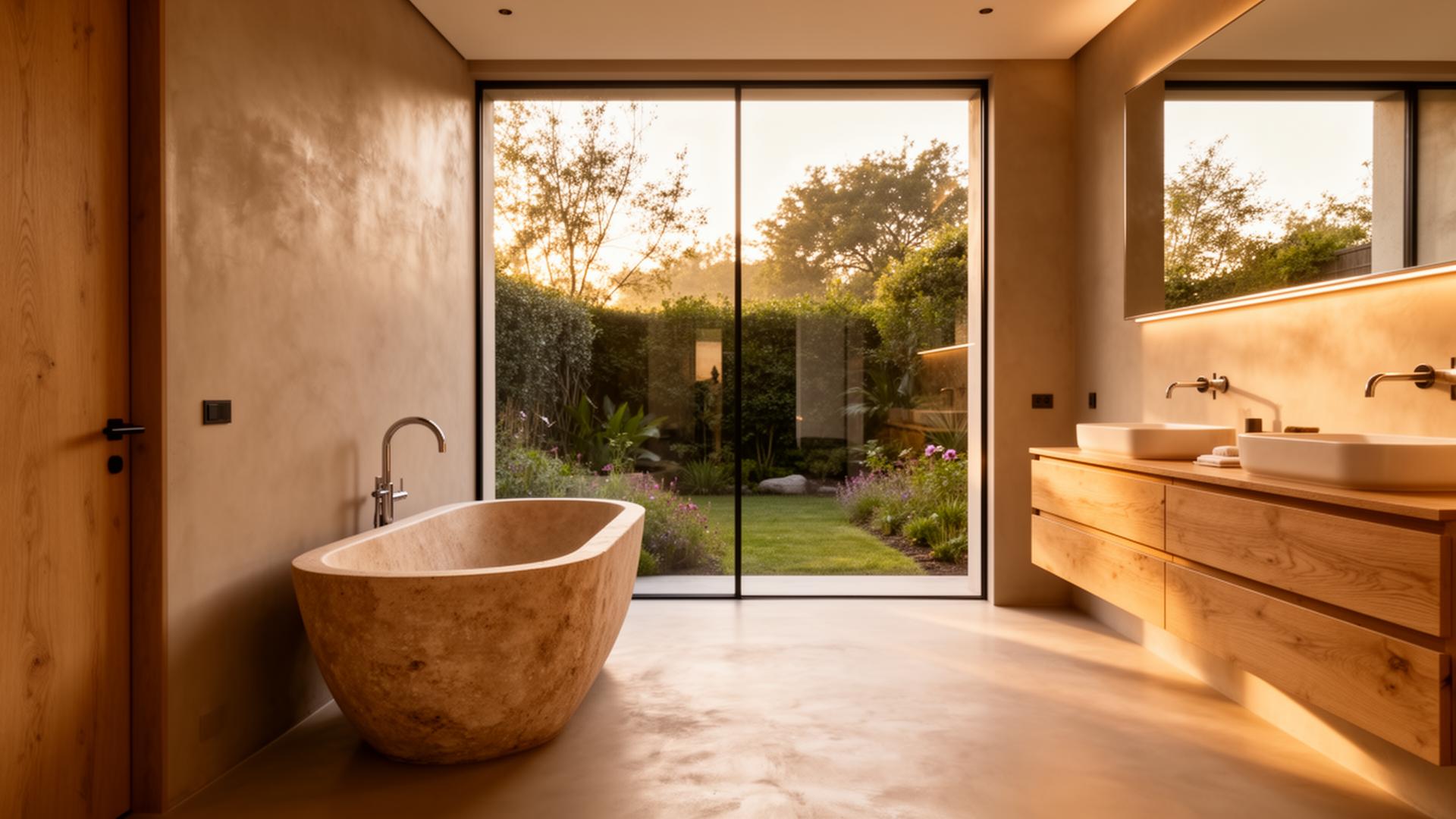 Suite master em microcimento com banheira freestanding