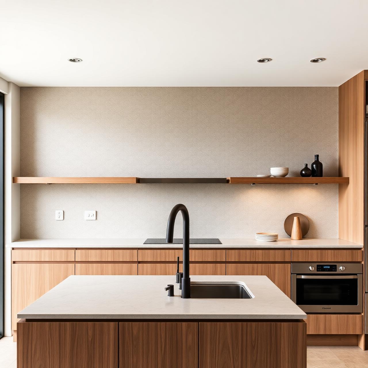 Backsplash de cozinha em microcimento bege com prateleiras