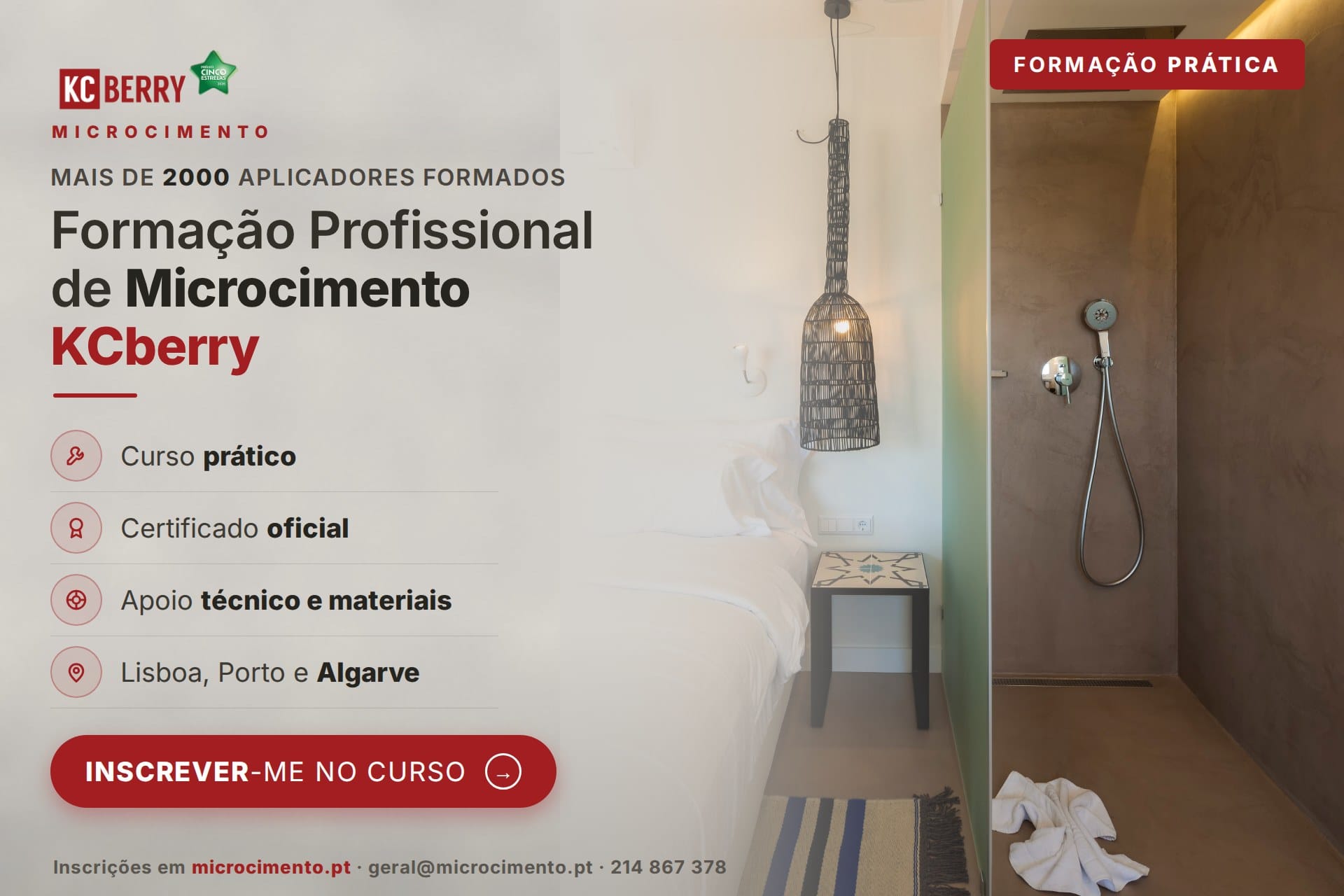 Formação Profissional de Microcimento KCBerry — curso prático, certificado oficial, apoio técnico e materiais. Lisboa, Porto e Algarve.