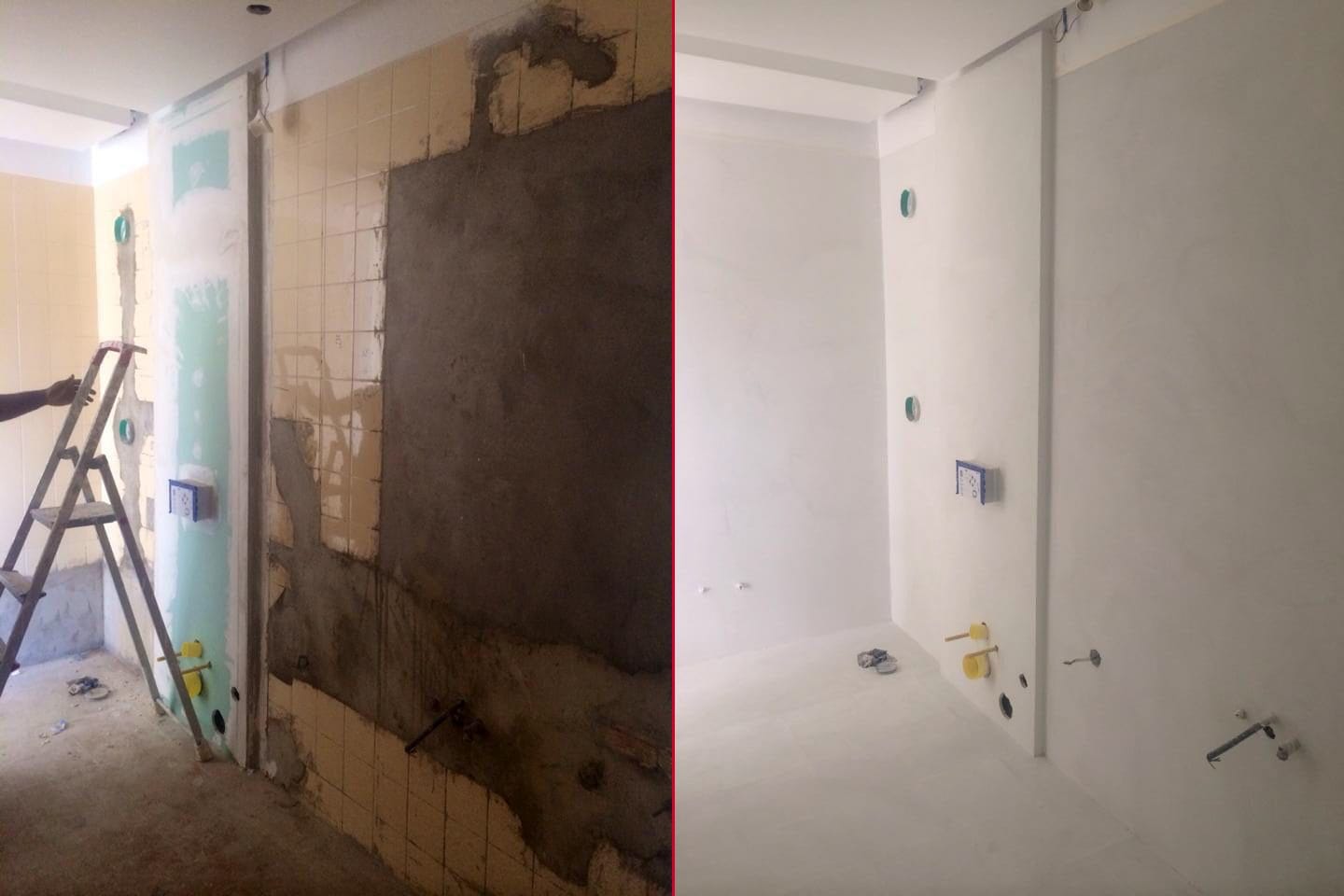 Antes e depois: casa de banho revestida a microcimento sobre o azulejo existente, sem demolição — KCBerry
